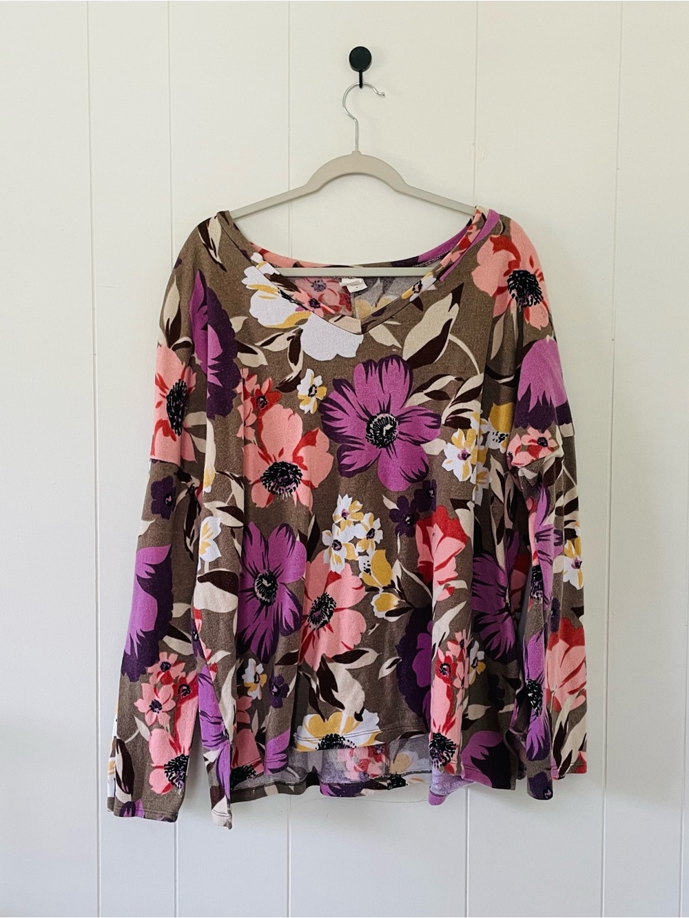 Sew In Love Floral Scoop Neck Long Sleeve Top in Brown, Purple, Pink